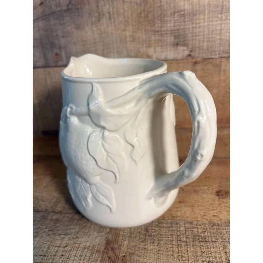 Peppertree Tabletops Pitcher Ivory Ceramic Pottery Embossed Fruit Design 6-3/4